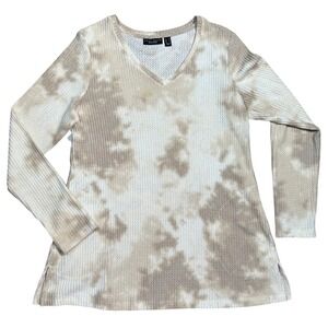 Susan Graver Weekend Womens Top Tan Tie Dye Waffle Knit V-Neck Tunic Medium